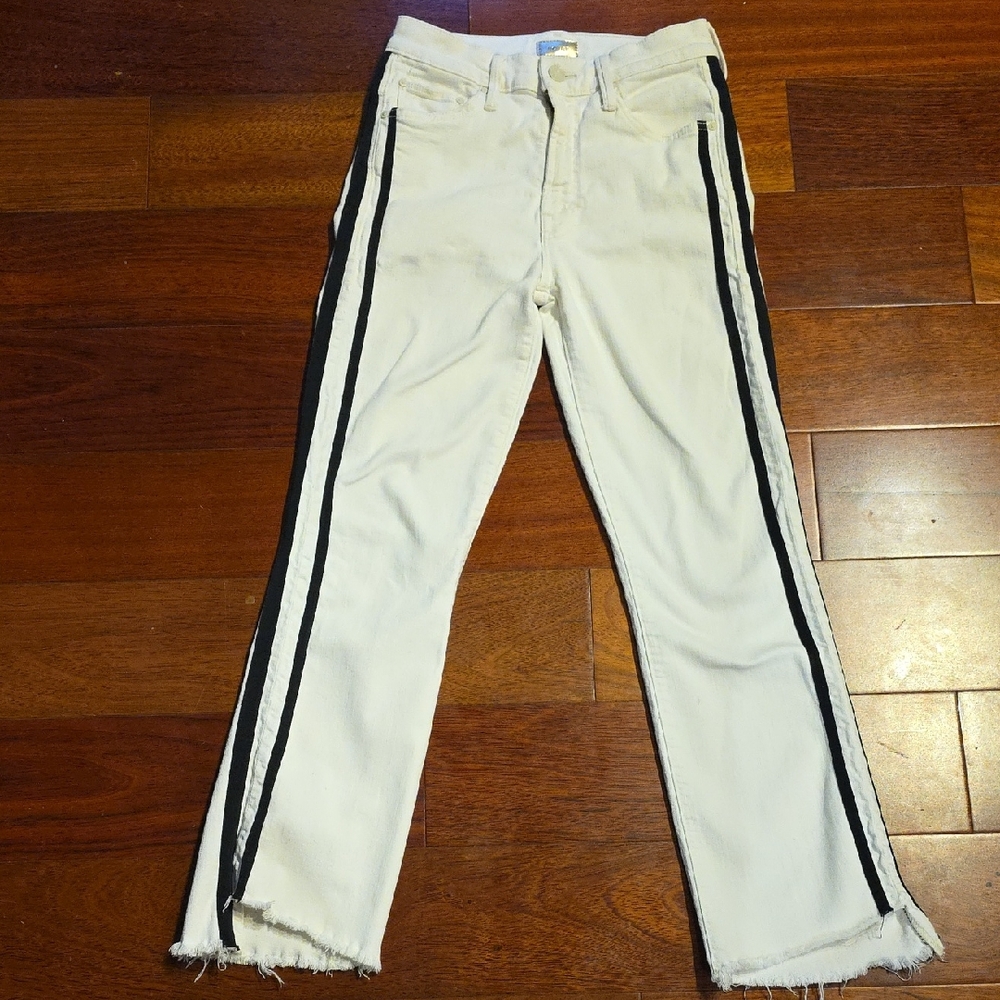 Mother Insider Crop Step Fray White Striped Jean